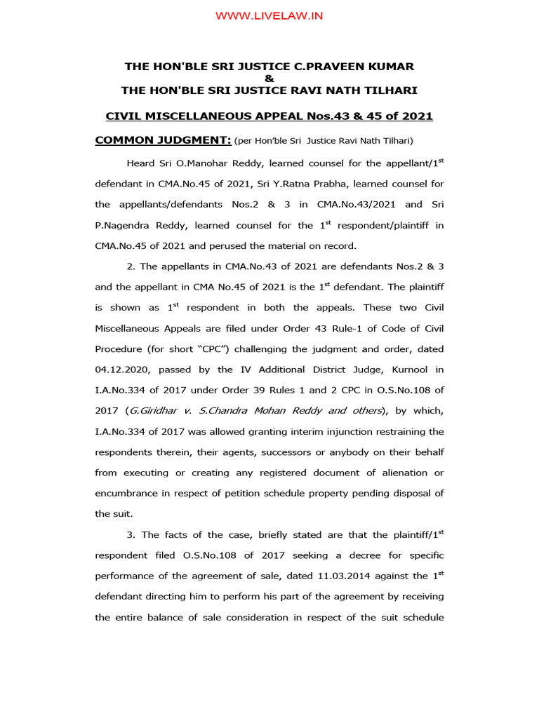 K Ravi Prasad Reddy V G Giridhar | PDF | Lawsuit | Injunction