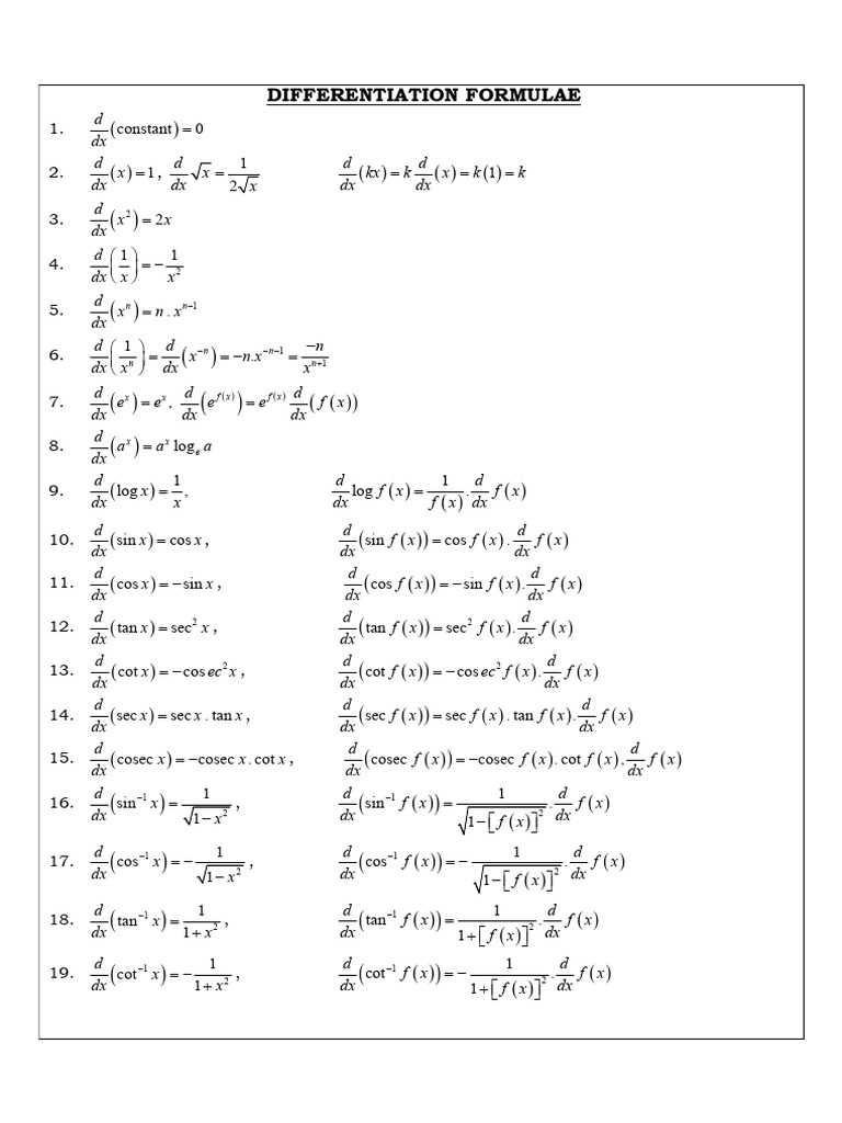 Ii Puc Maths Differentiations and Integration Formulas | PDF