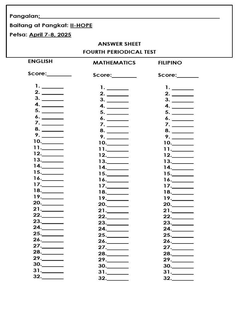 Answer Sheet - First Periodical Test | PDF | Chess Theory | Chess Openings