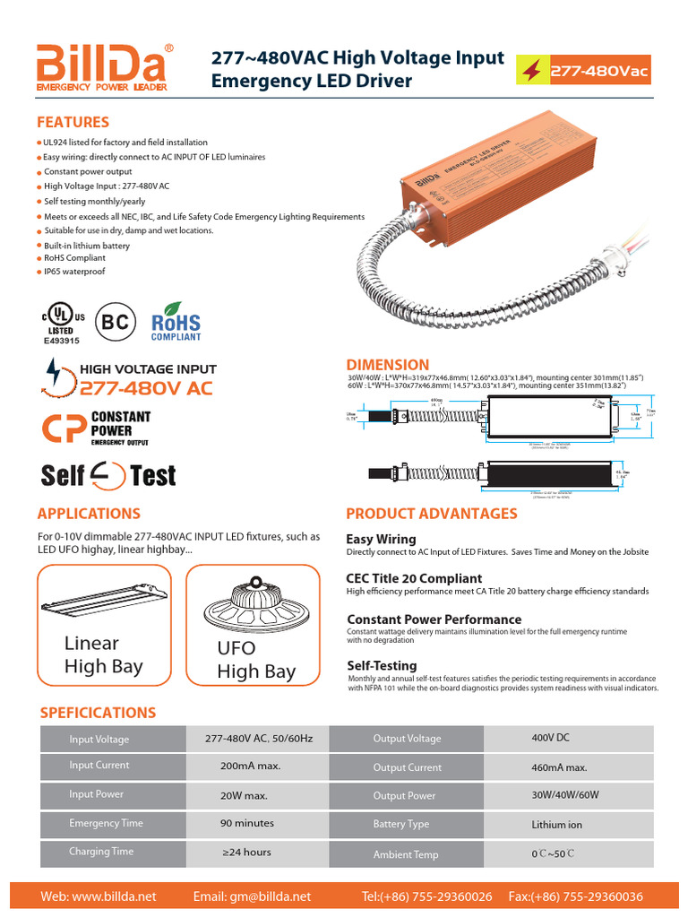 Spec Sheet - 480vac Brick Emergency LED Drivers | PDF | Light Emitting ...