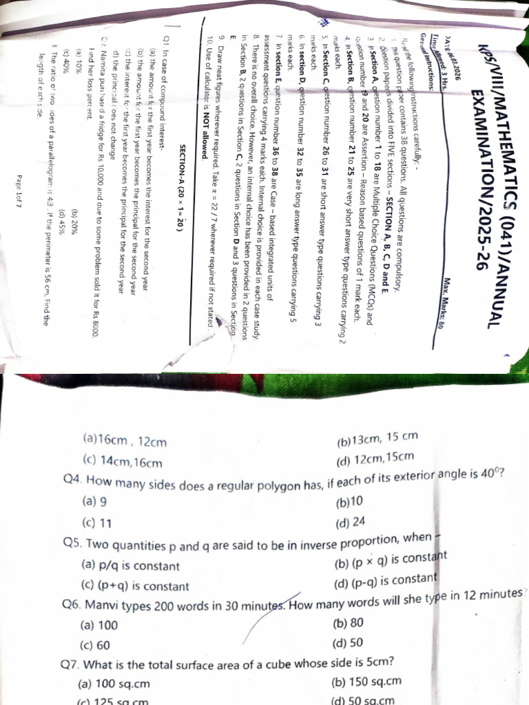 Final Maths Paper Class 8 2025 - 2026 | PDF