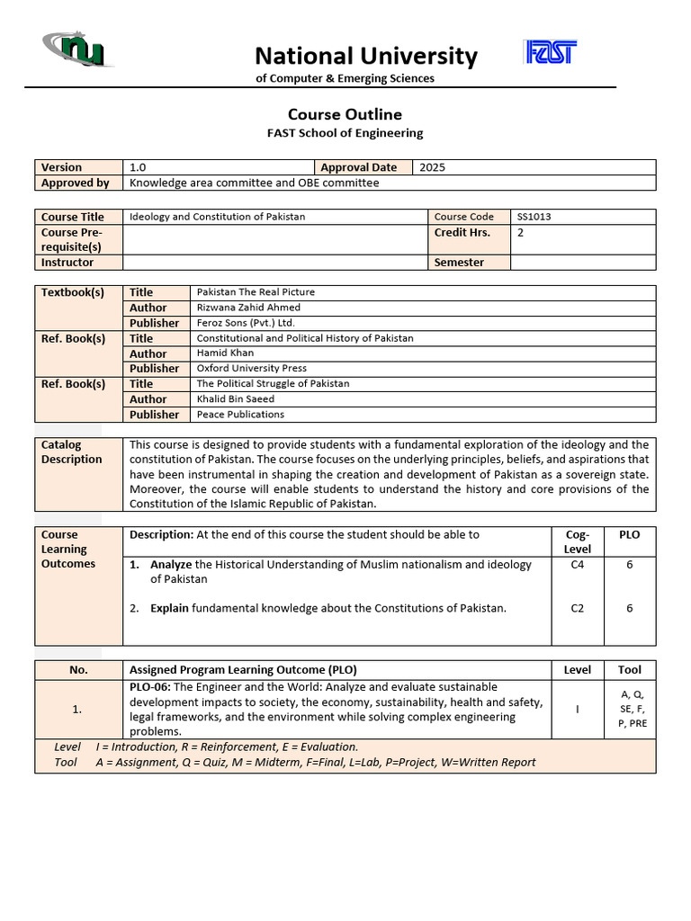 Ideology and Constitution of Pakistan Course Outline EE | PDF | Pakistan