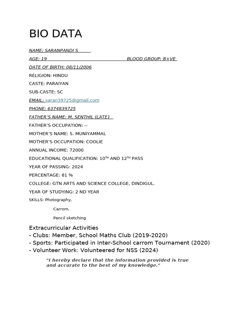 Bio Data | PDF