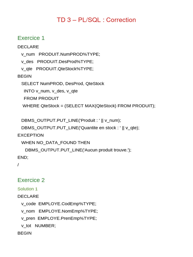 TD 3 - PL/SQL: Correction: Exercice 1 | PDF