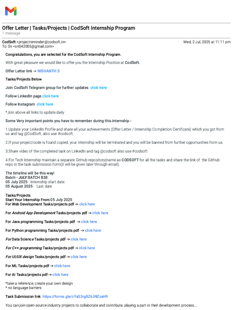 Gmail - Offer Letter - Tasks - Projects - CodSoft Internship Program ...
