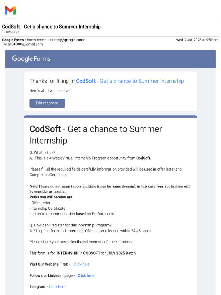 Gmail - CodSoft - Get a Chance to Summer Internship | PDF