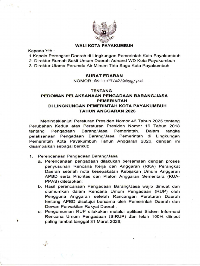 Surat Edaran Walikota Tentang PBJ 2026 | PDF