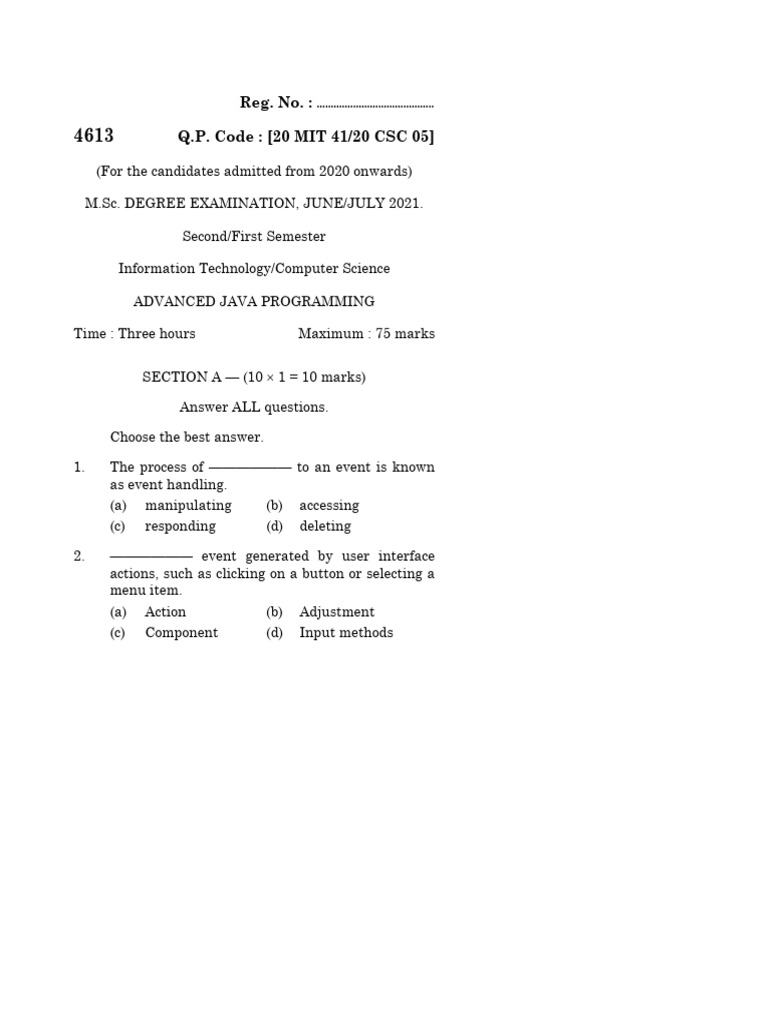 Msc 1 Sem It Cs Advanced Java Programming 4613 Jul 2021 | PDF | Java ...