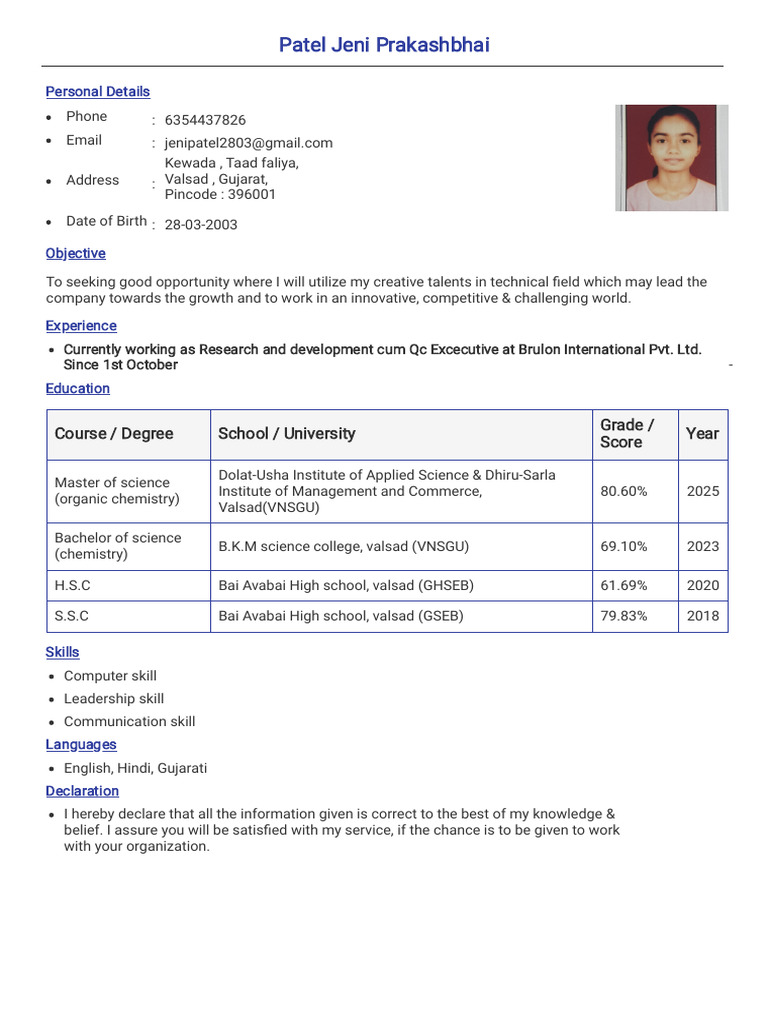 Jeni Patel CV | PDF