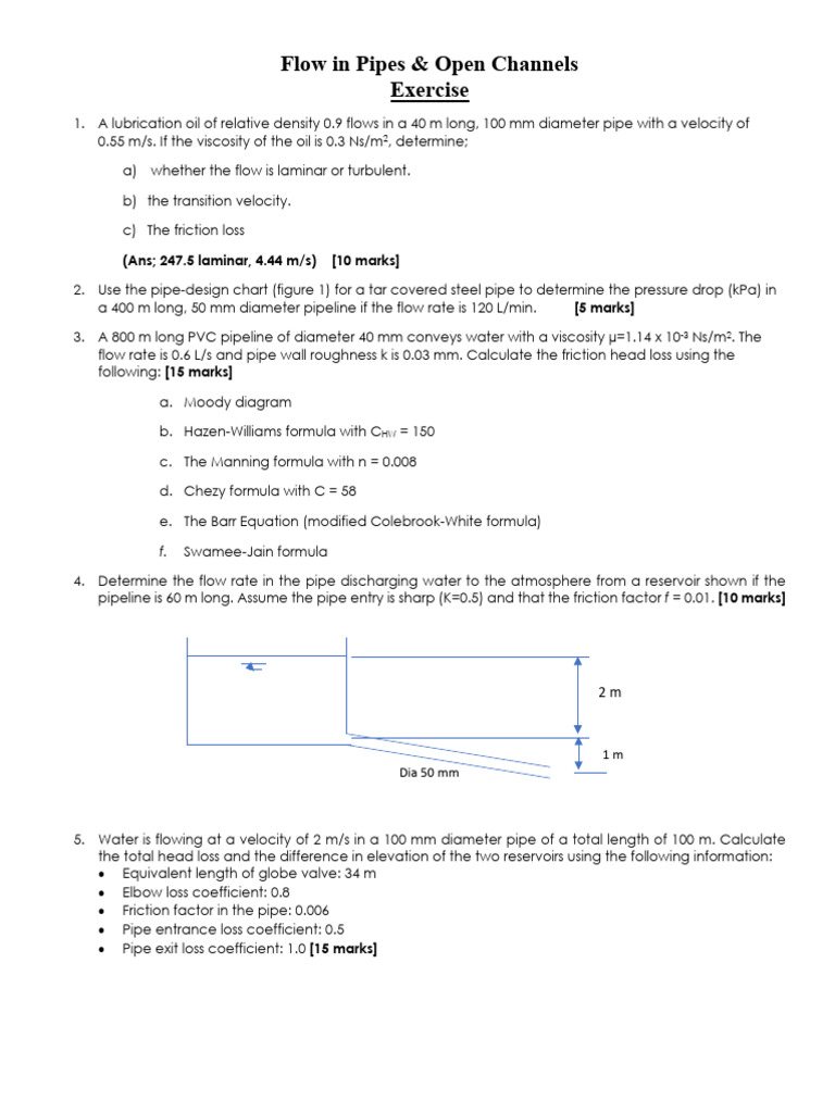 Flow in Pipes Exercise 2026 | PDF | Fluid Dynamics | Process Engineering