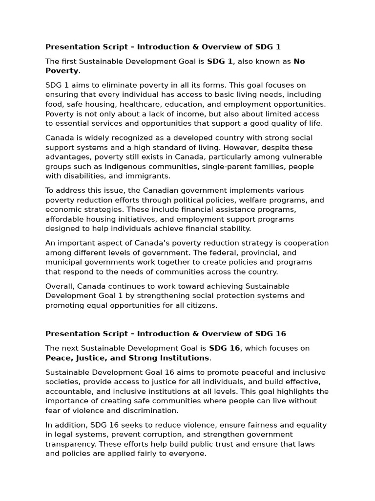 Presentation Script - Introduction & Overview of SDG's | PDF | Poverty ...