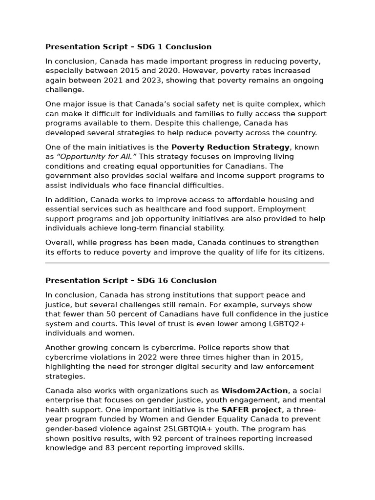 Presentation Script – Conclusion of the SDG's | PDF | Gender Equality ...