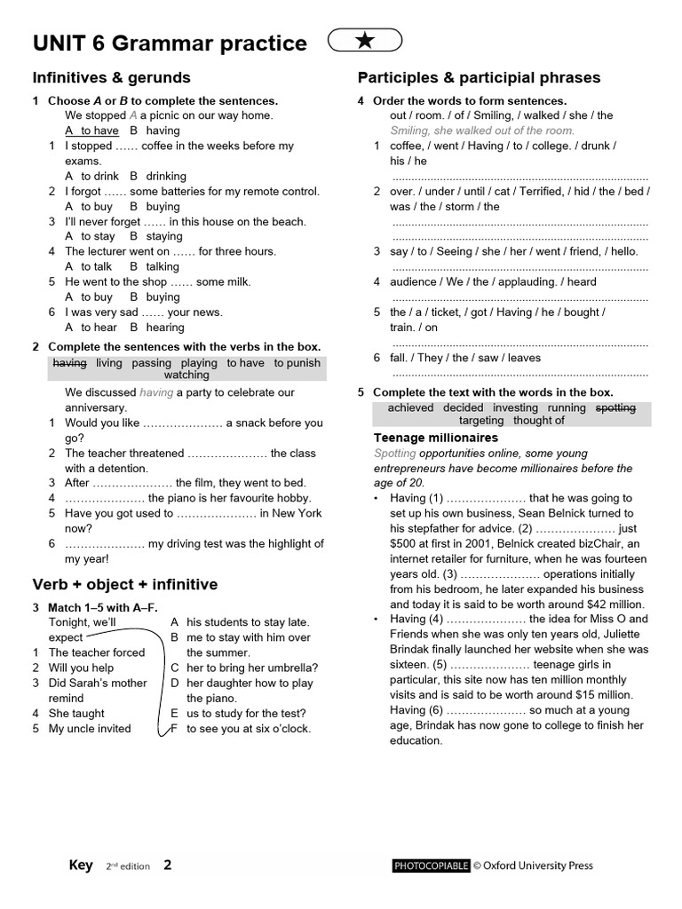 Key2e L2 Worksheets Grammar Unit 6 1star | PDF | Syntax | Semantic Units