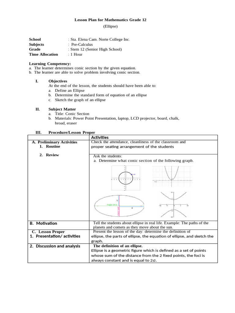 Lesson Plan For Mathematics Grade 12 Demo | PDF | Ellipse | Mathematics