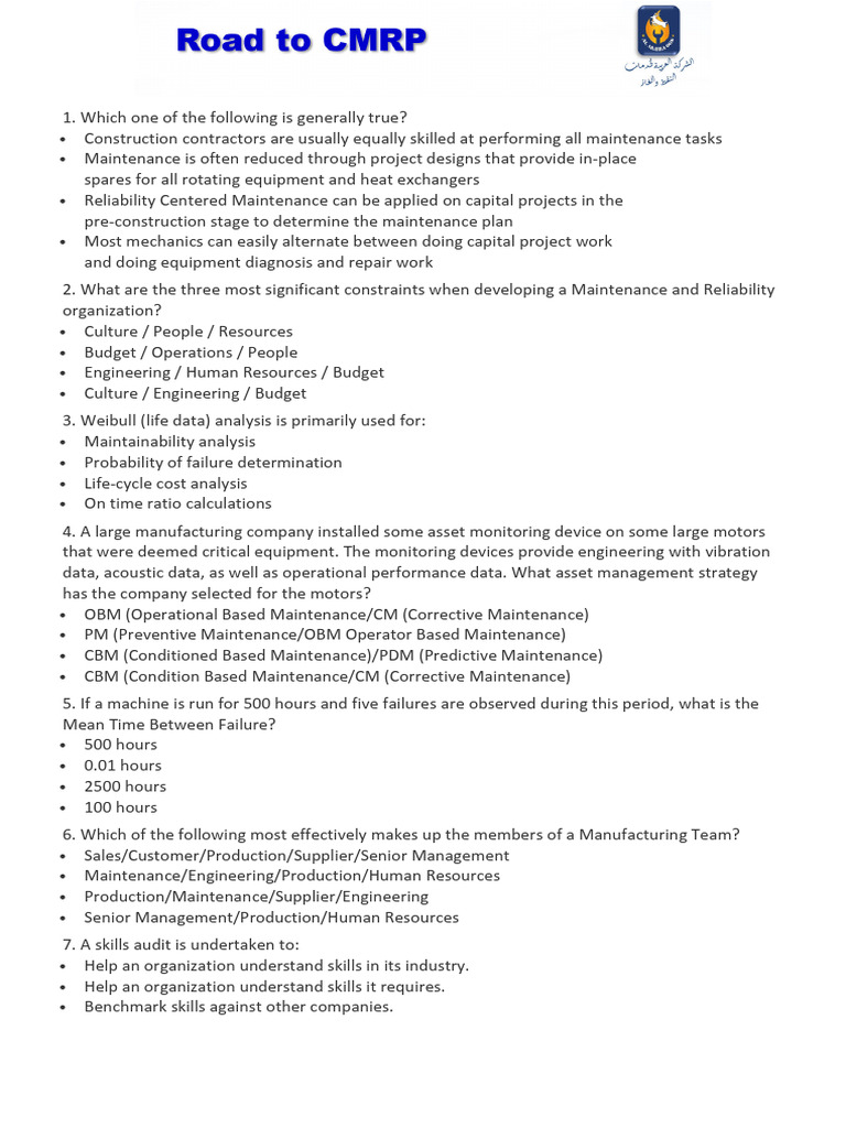 CMRP - Unsolved Exam1 - ACOG | PDF | Reliability Engineering | Systems ...