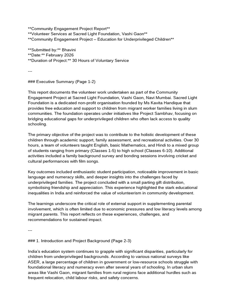 Community Engagement Project Report | PDF | Literacy | Volunteering