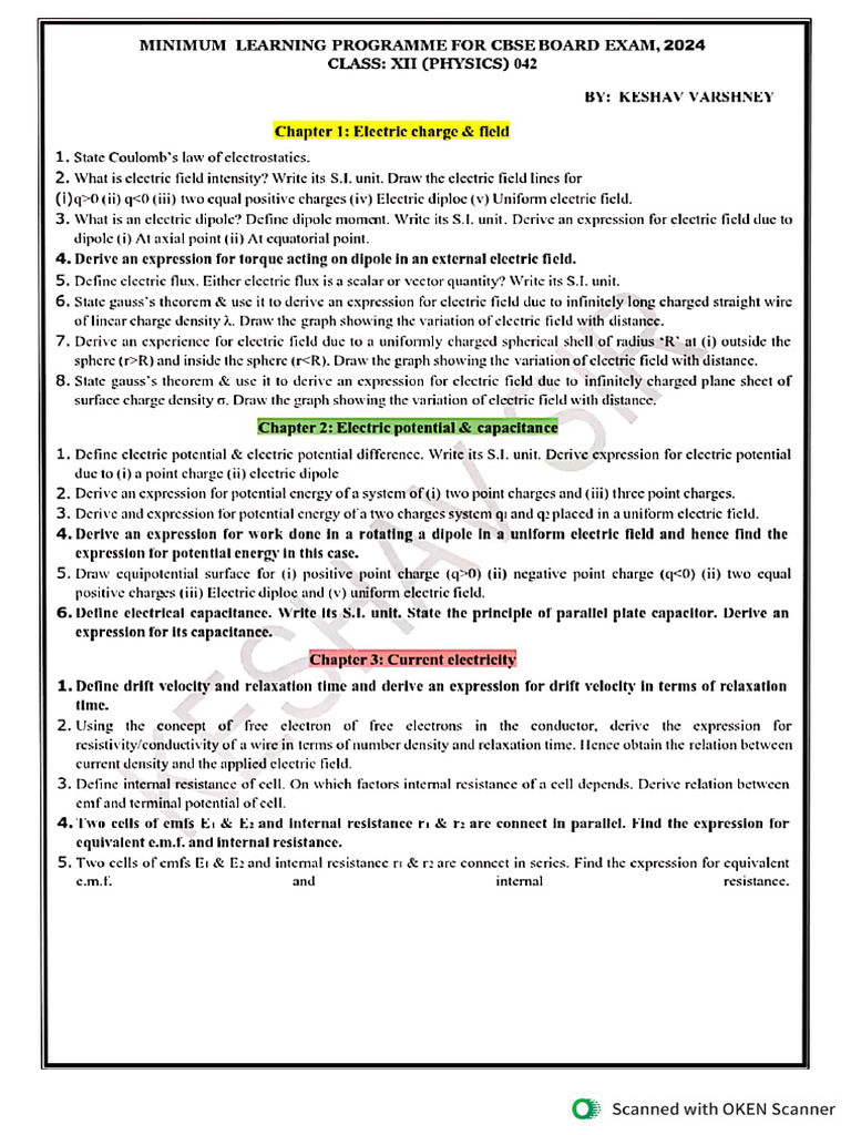 Imp Questions 12th PHY | PDF