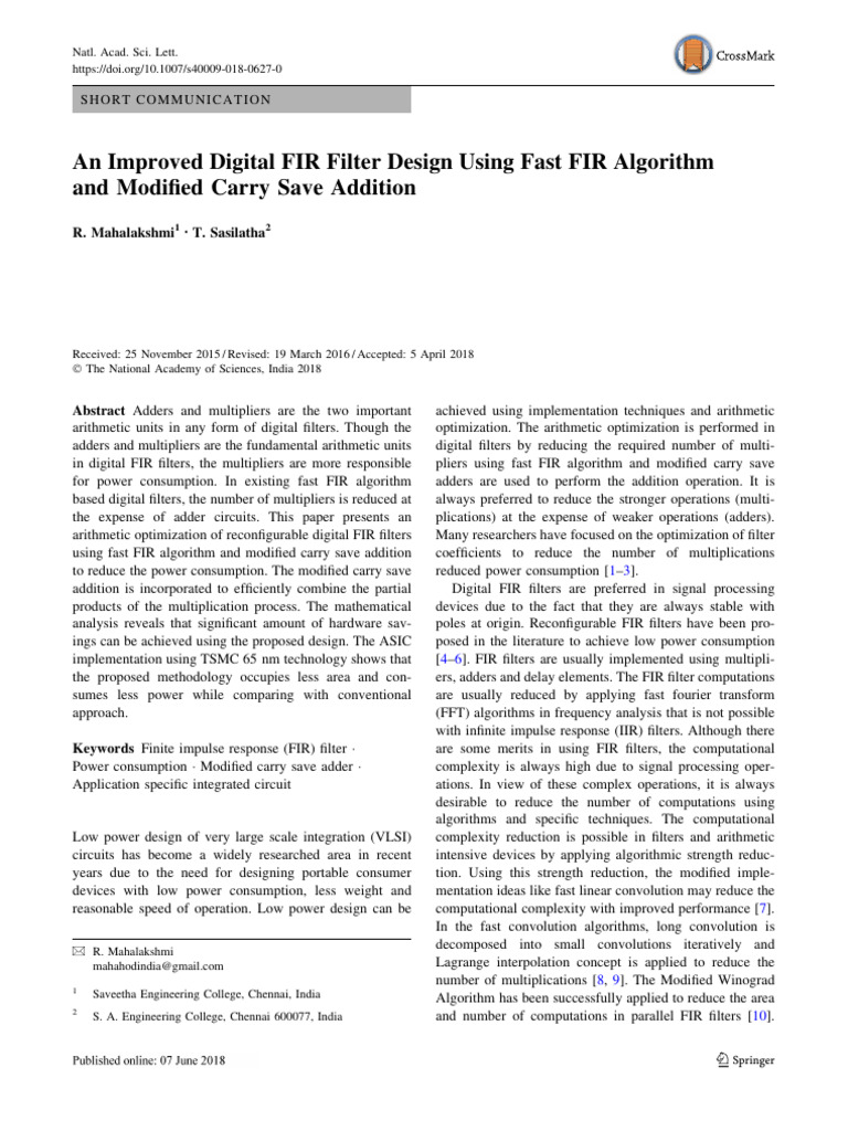 An Improved Digital FIR Filter Design Using Fast FIR Algorithm and ...