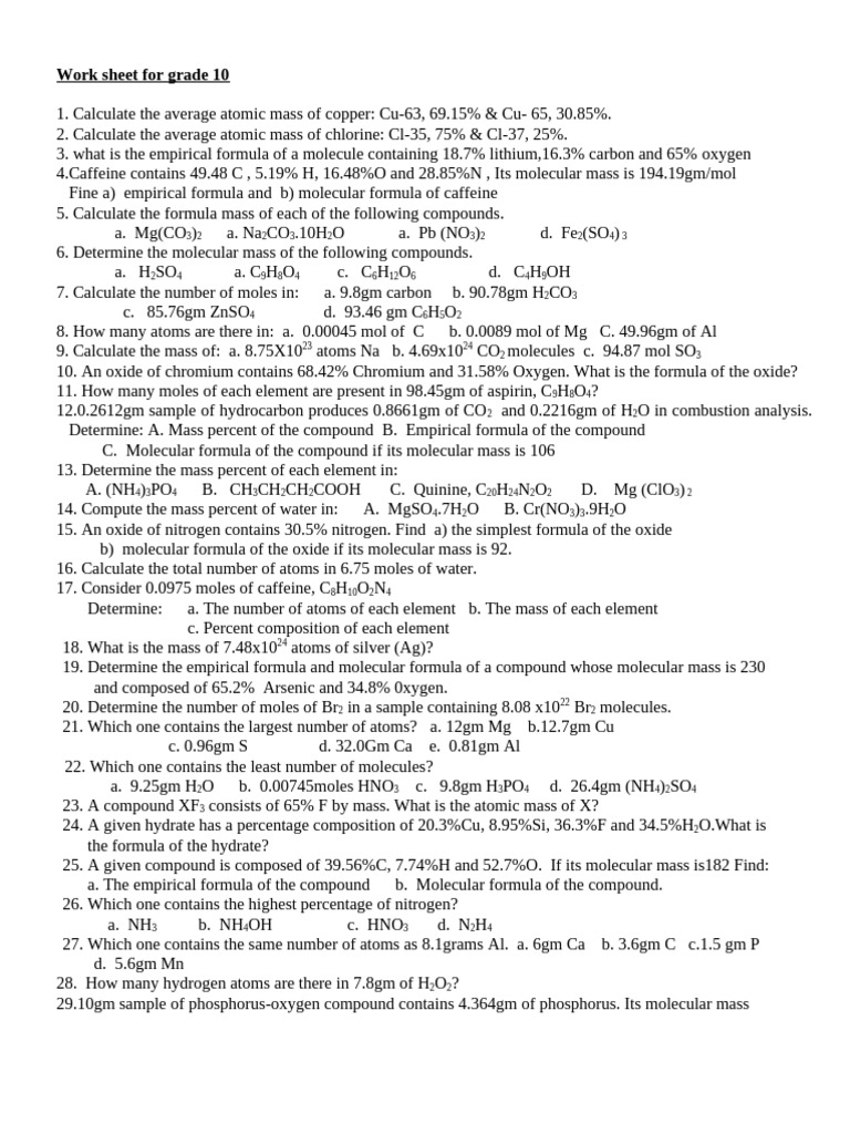 Work Sheet For Grade 10 - 2017 | PDF | Periodic Table | Chemical Elements