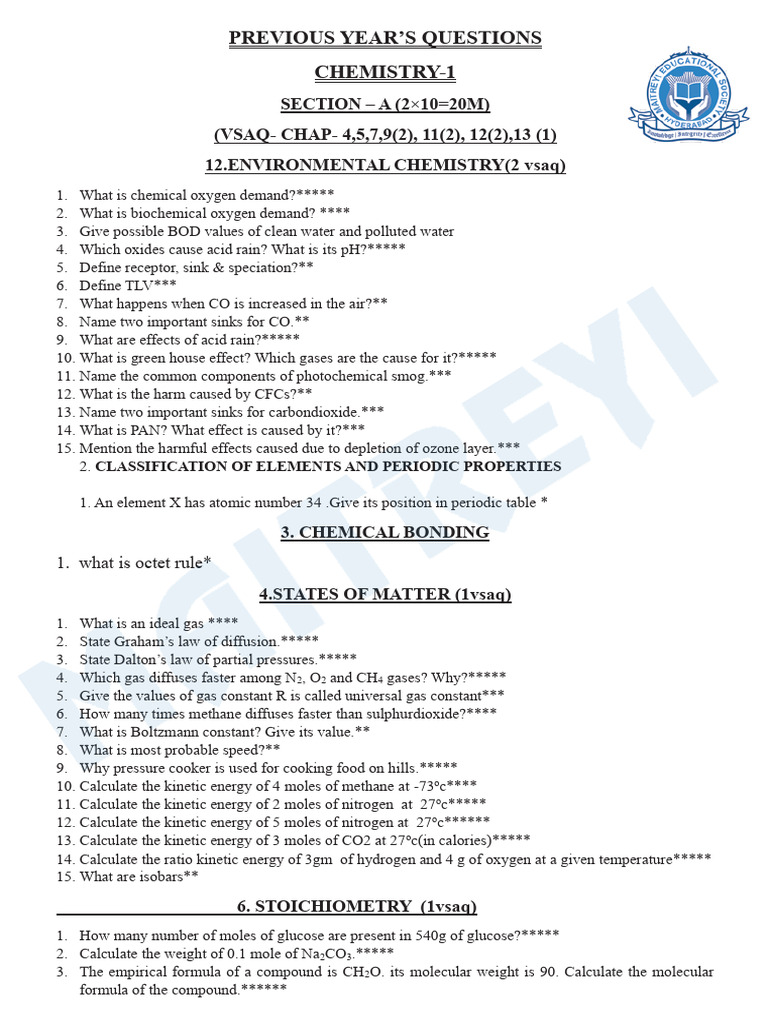 Bipc MPC 1st Year Chemistry Important Questions | PDF | Chemical ...