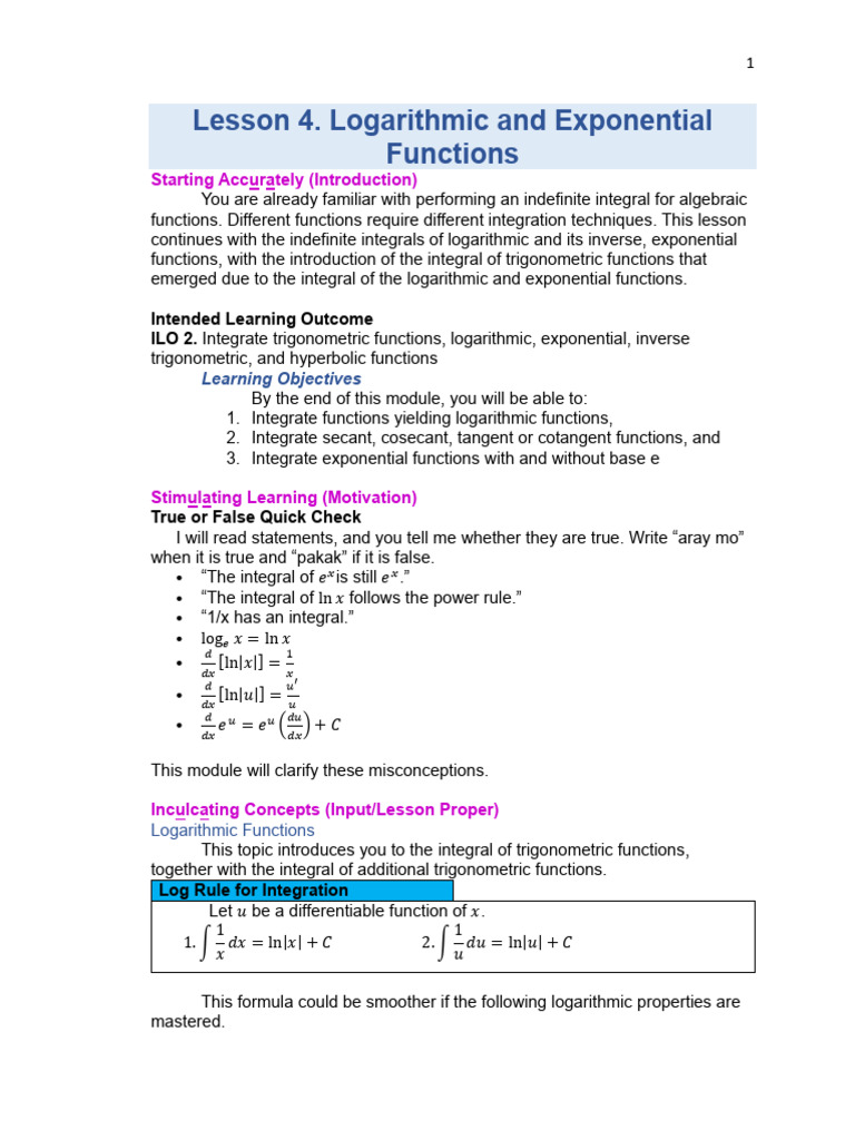 Chapter 1 Lesson 4 Logarithmic and Exponential Integrals | PDF ...