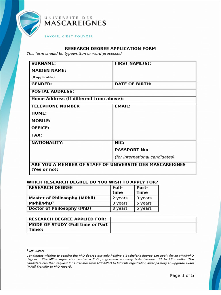 Research Degree Application Form UDM | PDF | Doctor Of Philosophy ...