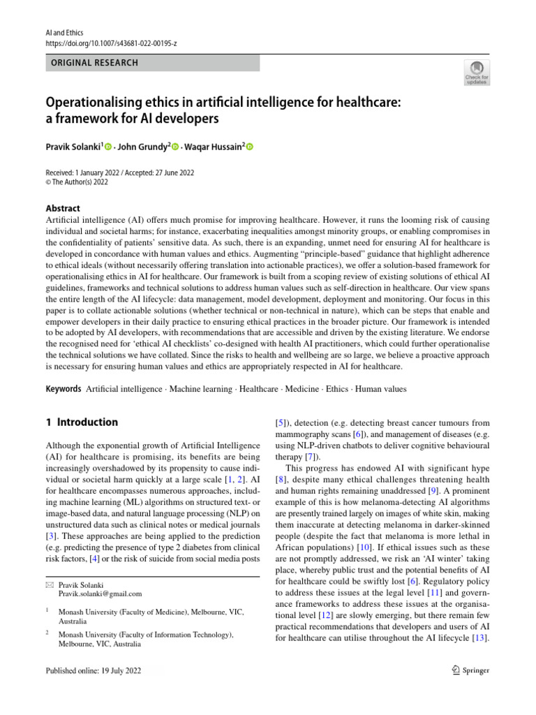 2022 Operationalising Ethics in Artificial Intelligence For Healthcare ...