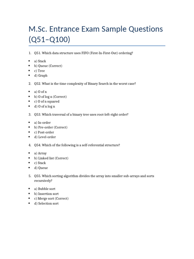 MSC Entrance MCQ Q51 To Q100 | PDF