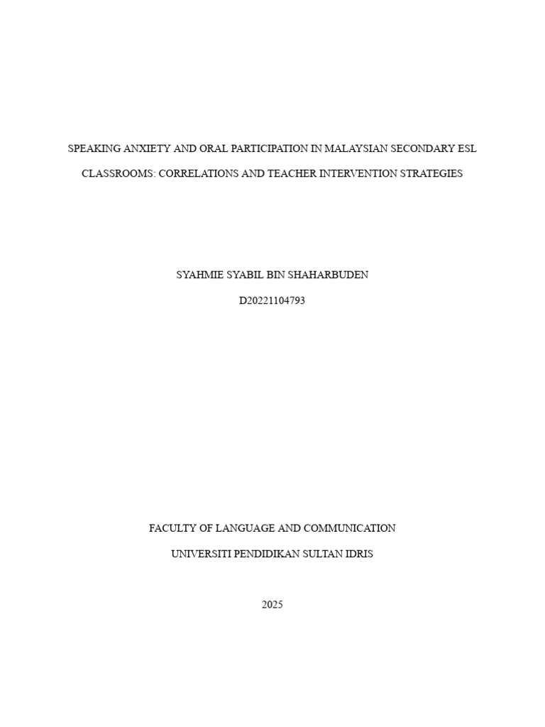 Speaking Anxiety and Oral Participation in Malaysian Secondary ESL ...