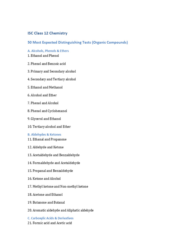 ISC 50 Most Expected Distinguishing Organic Compounds | PDF