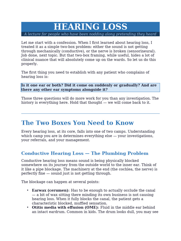 Hearing Loss Lecture-1 | PDF | Ear | Hearing Loss