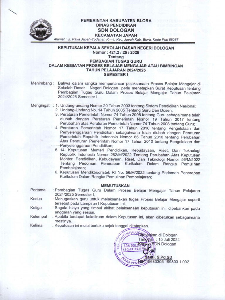 Pembgian Tgs Guru 2024,2025 Smstr 1 | PDF