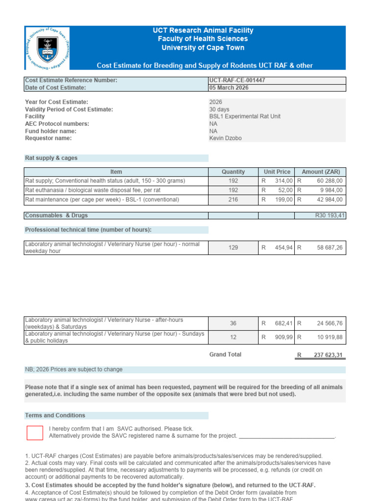 Animal Study Cost Estimate Uct-Raf-Ce-001447 - Kevin Dzobo - 202603 ...