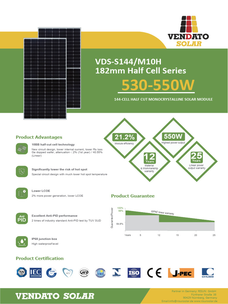VDS-S144/M10H 182mm Half Cell Series: Product Advantages | PDF | Solar ...