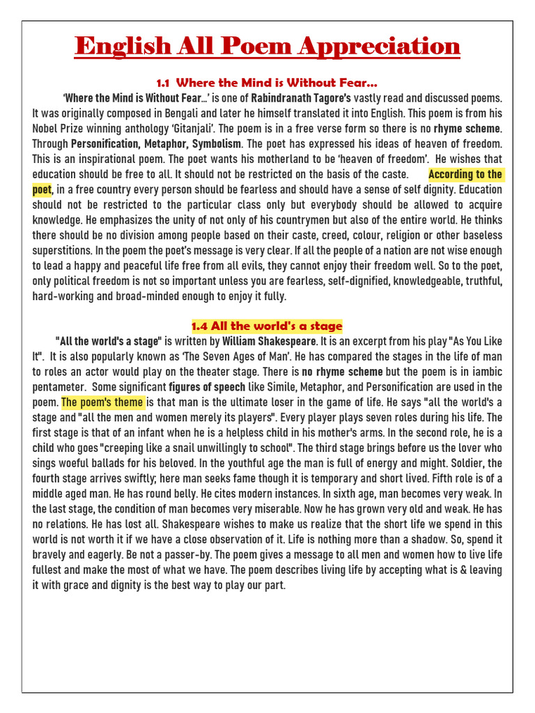 10th English Appreciation | PDF | Poetry