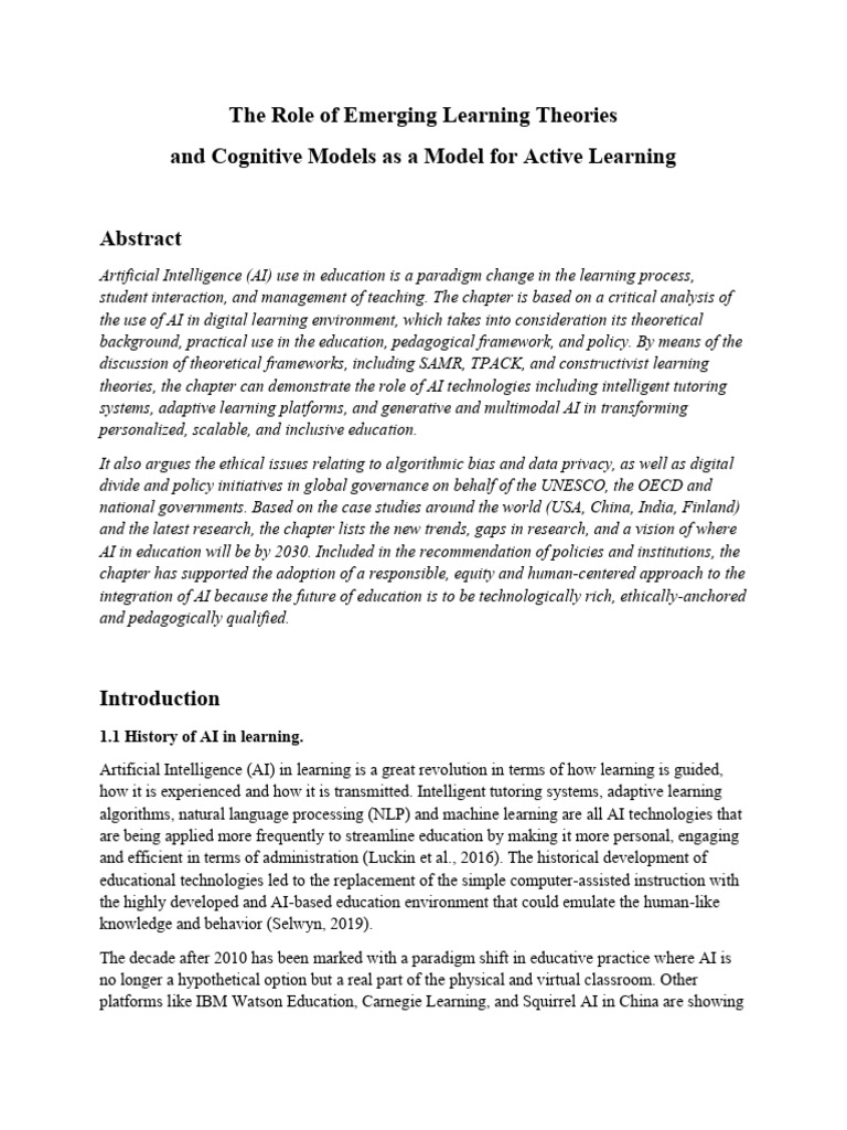 The Role of Emerging Learning Theories and Cognitive Models As A Model ...