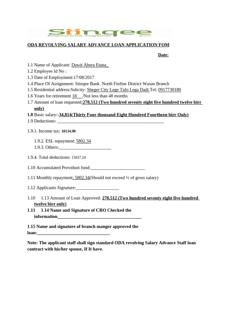 Oda Revolving Salary Advance Loan Application Form | PDF | Money ...