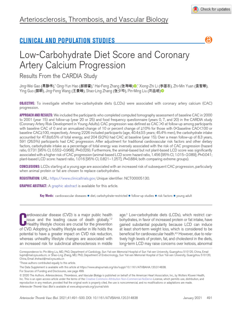 Low-Carbohydrate Diet Score and Coronary Artery Calcium Progression ...