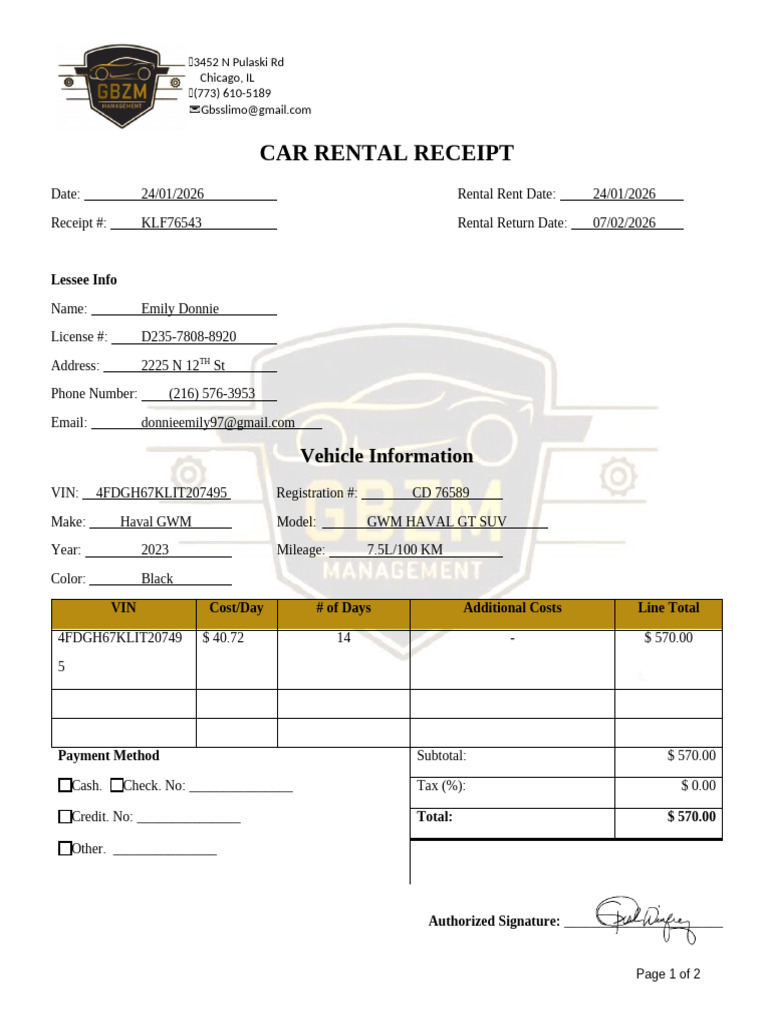Car Rental Receipt Template | PDF
