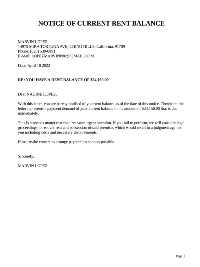 Nadine Lopez Notice of Current Rent Balance Owed | PDF