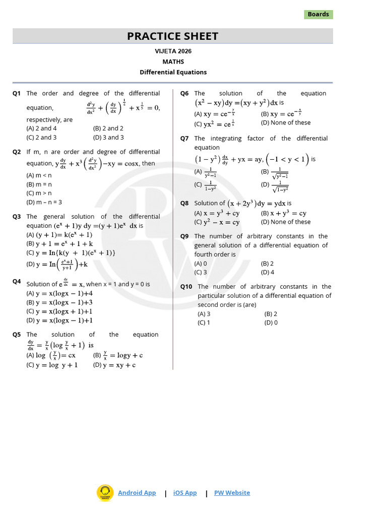 Differential Equations Practice Sheet | PDF | Mathematical Concepts ...