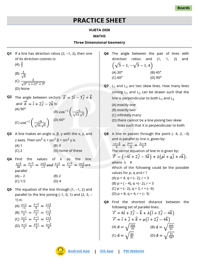 Three Dimensional Geometry Practice Sheet | PDF | Angle | Elementary ...