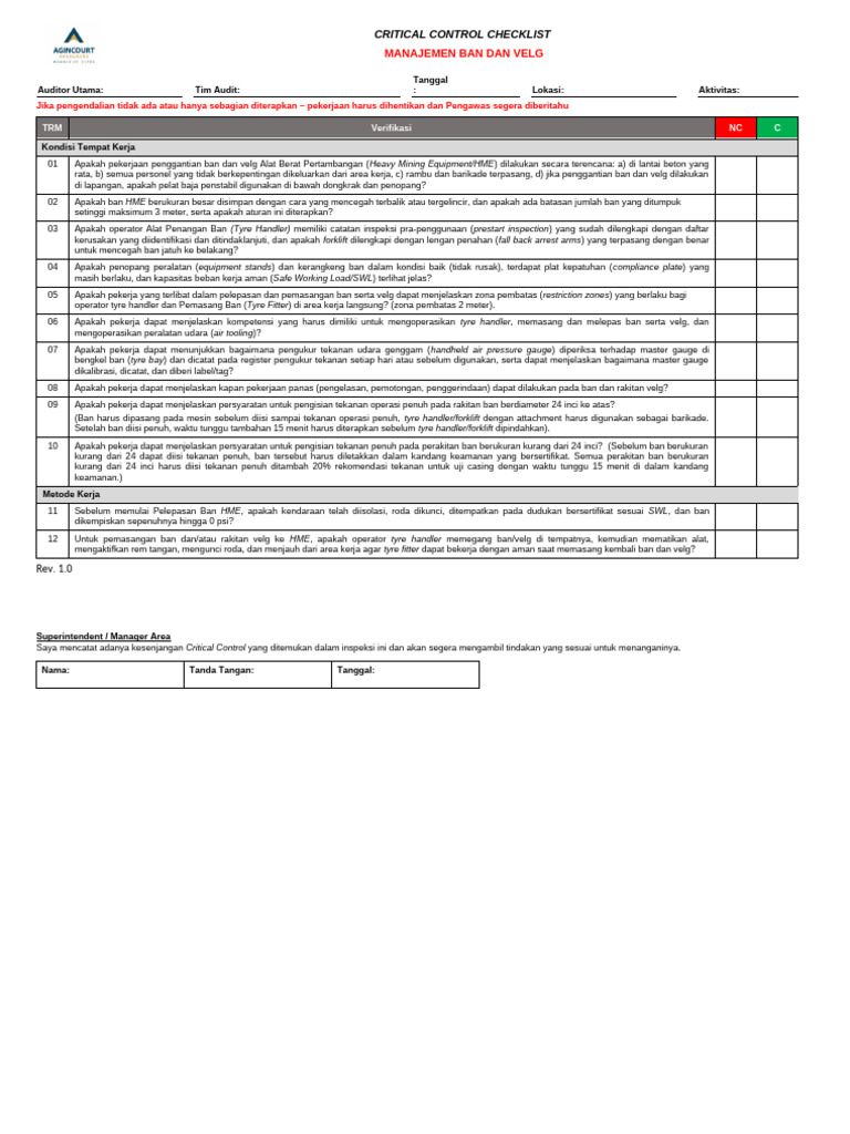 Critical Control Checklist - Tyre and Rim Management - ID R2 | PDF