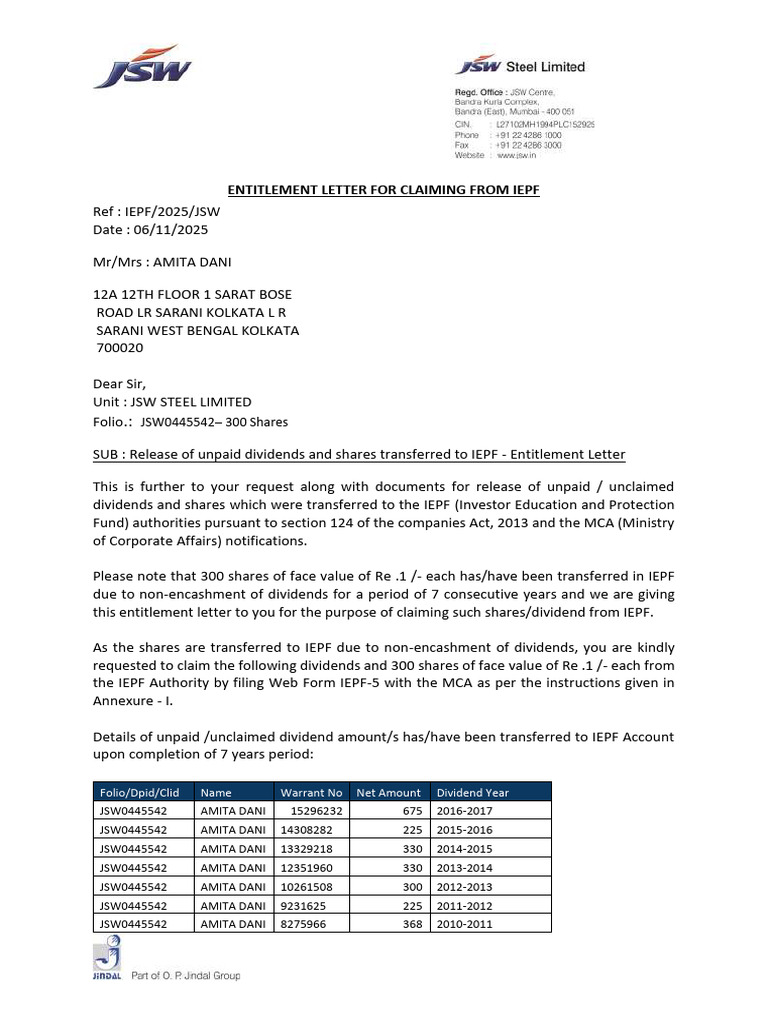 Jsw0445542 Ent Letter | PDF