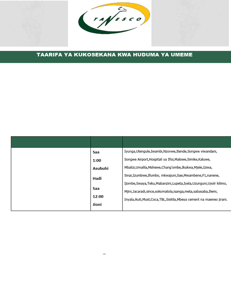 Taarifa Ya Kukosekana Kwa Huduma Ya Umeme-5 | PDF