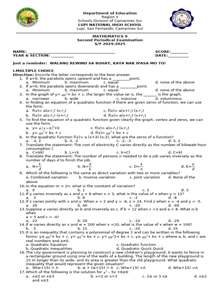 Math-Second Quarter Examination | PDF | Factorization | Quadratic Equation