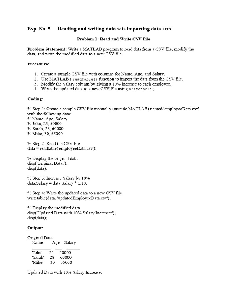 EXP 5-Reading and Writing Data Sets Importing Data Sets | PDF | Matlab ...