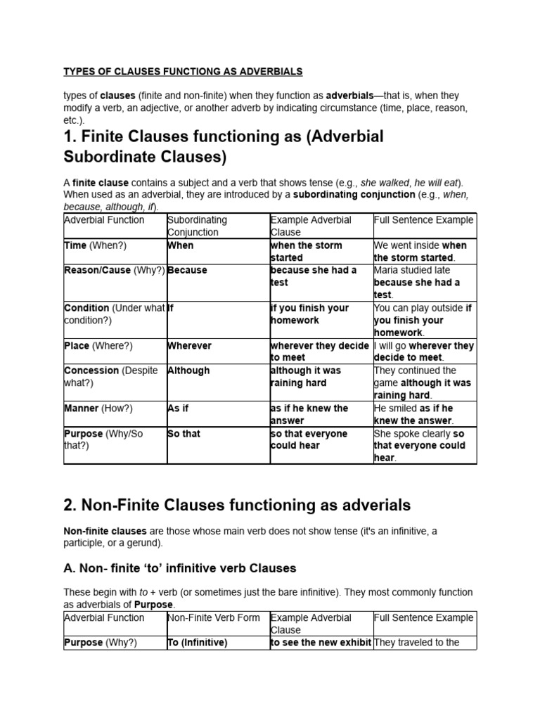 Types of Clauses Functiong As Adverbials | PDF | Clause | Subject (Grammar)