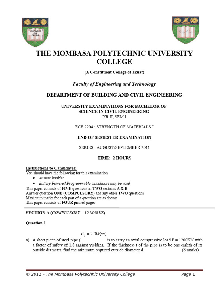 Ece 2204 Strength of Materials I 2 | PDF | Stress (Mechanics ...
