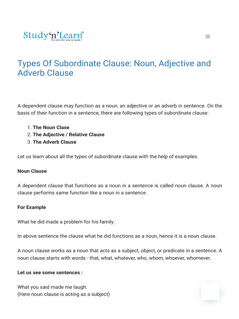 Types of Subordinate Clause - Noun, Adjective and Adverb Clause | PDF ...